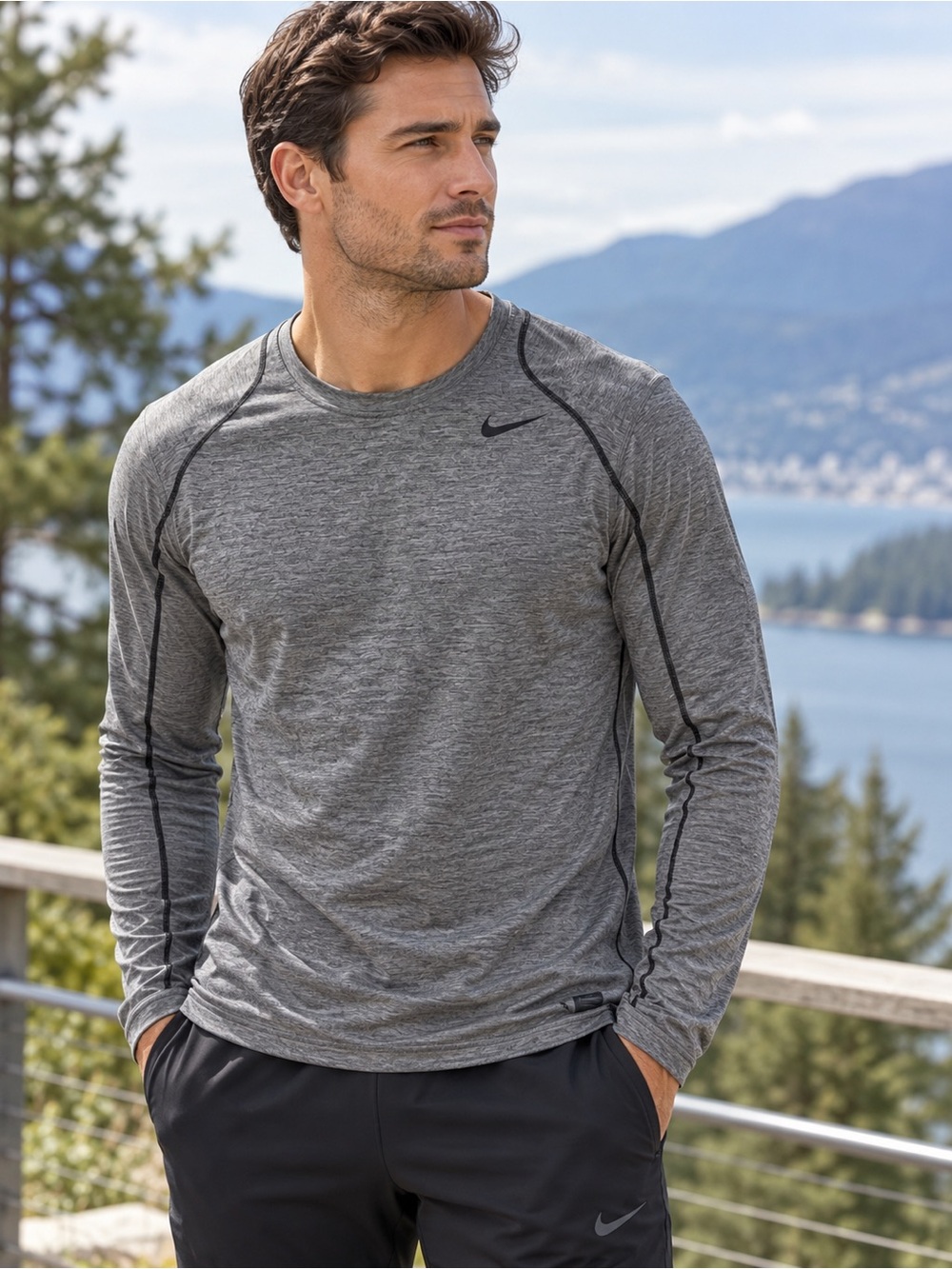 Nike Pro Menโs Gray Long-Sleeve Athletic Performance Tee โ Size L